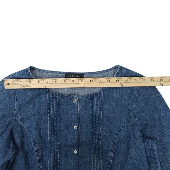 Harolds Denim Top Womens Size 12 Pleated Front Back Detail Round Neck 3/4 Sleeve - Picture 5 of 16